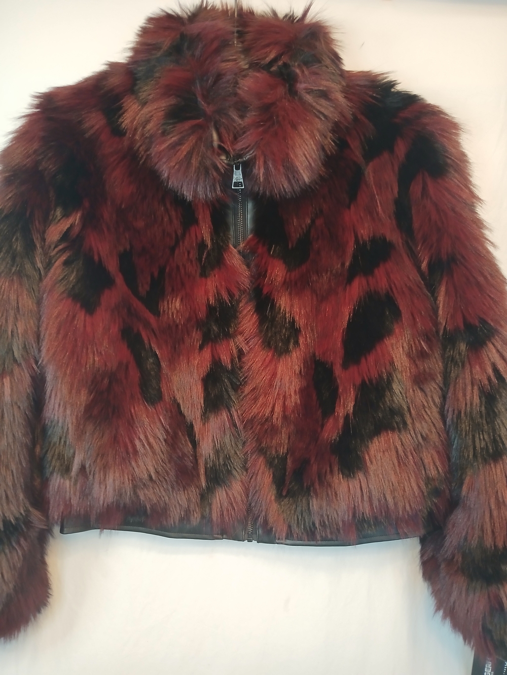 Burgundy and Black Faux Fur Leather Trim Funnel Neck Bomber Jacket L New!